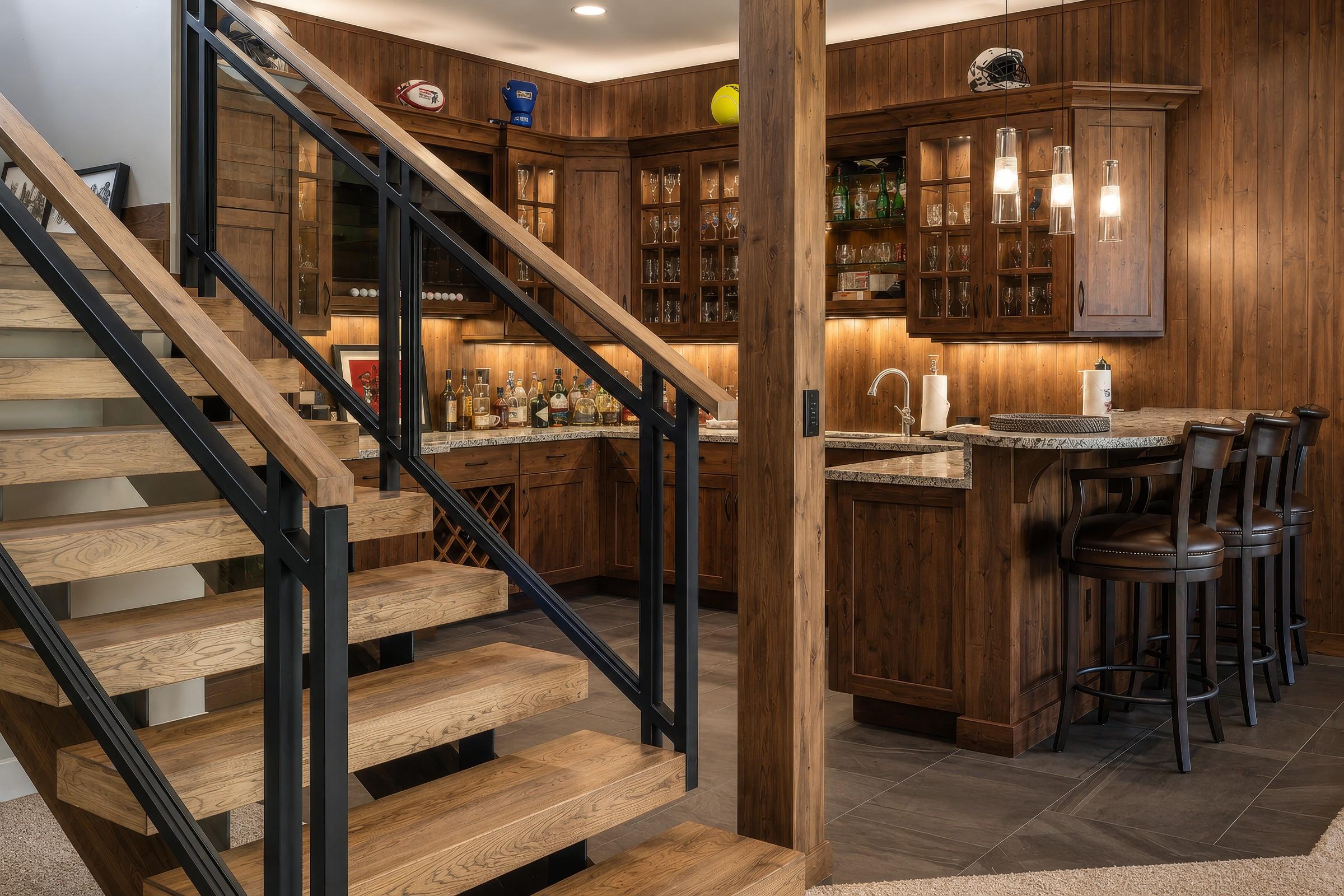 Basement bar with staircase and wine storage
