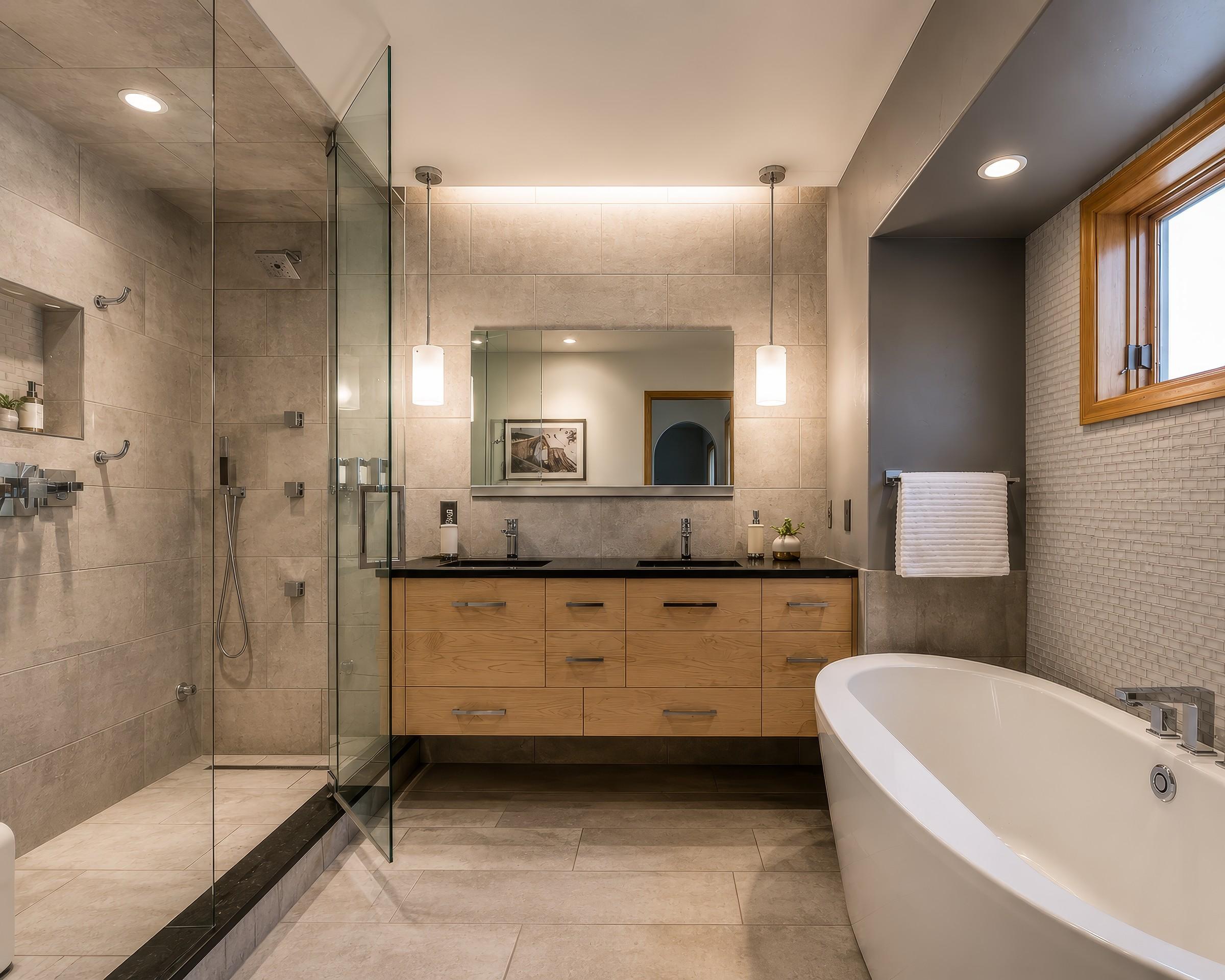 Primary bathroom with double vanity, soaking tub, and mountain view
