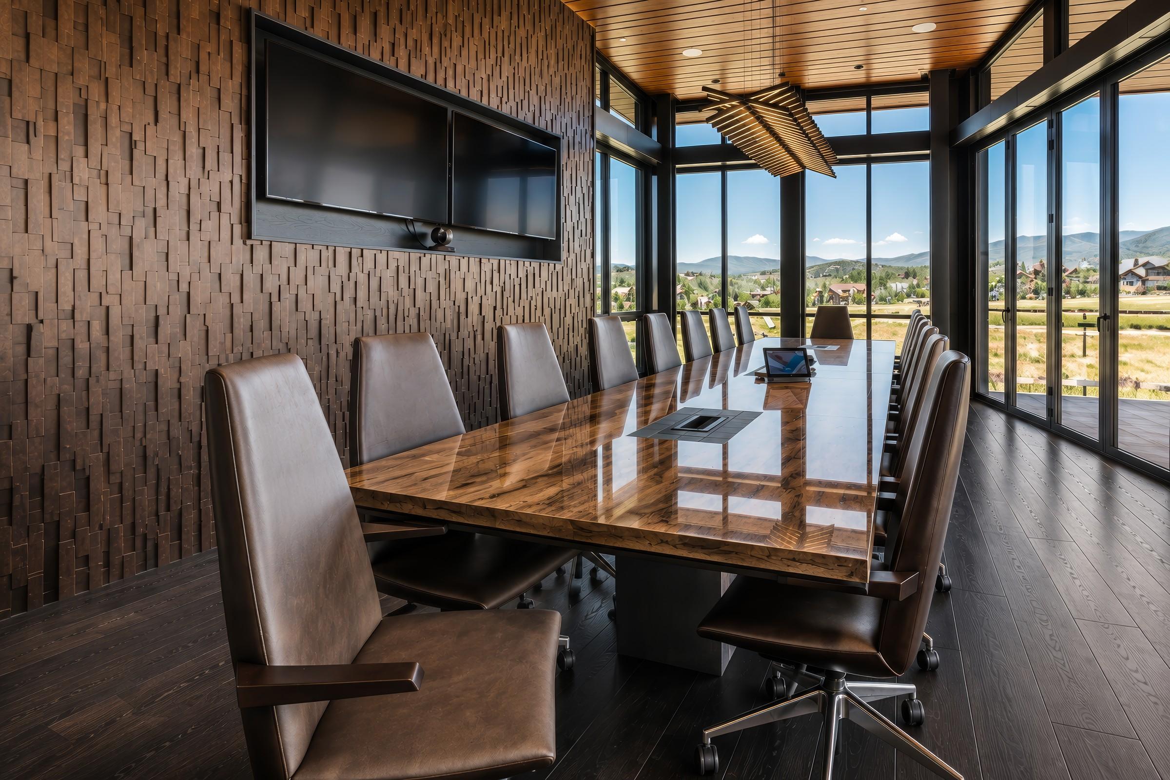 Conference room table with mountain view windows