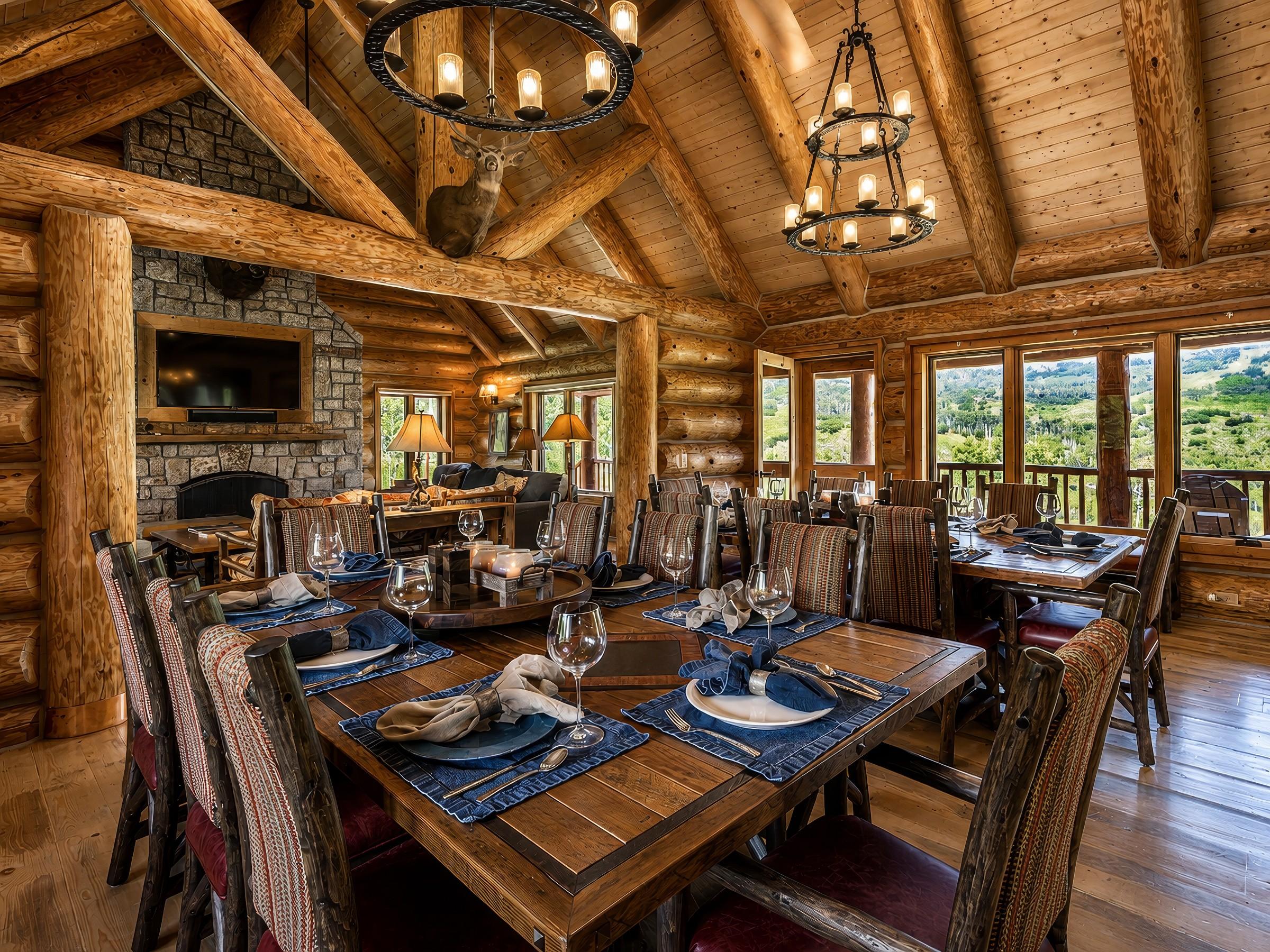 Log cabin great room dining area with mountain view