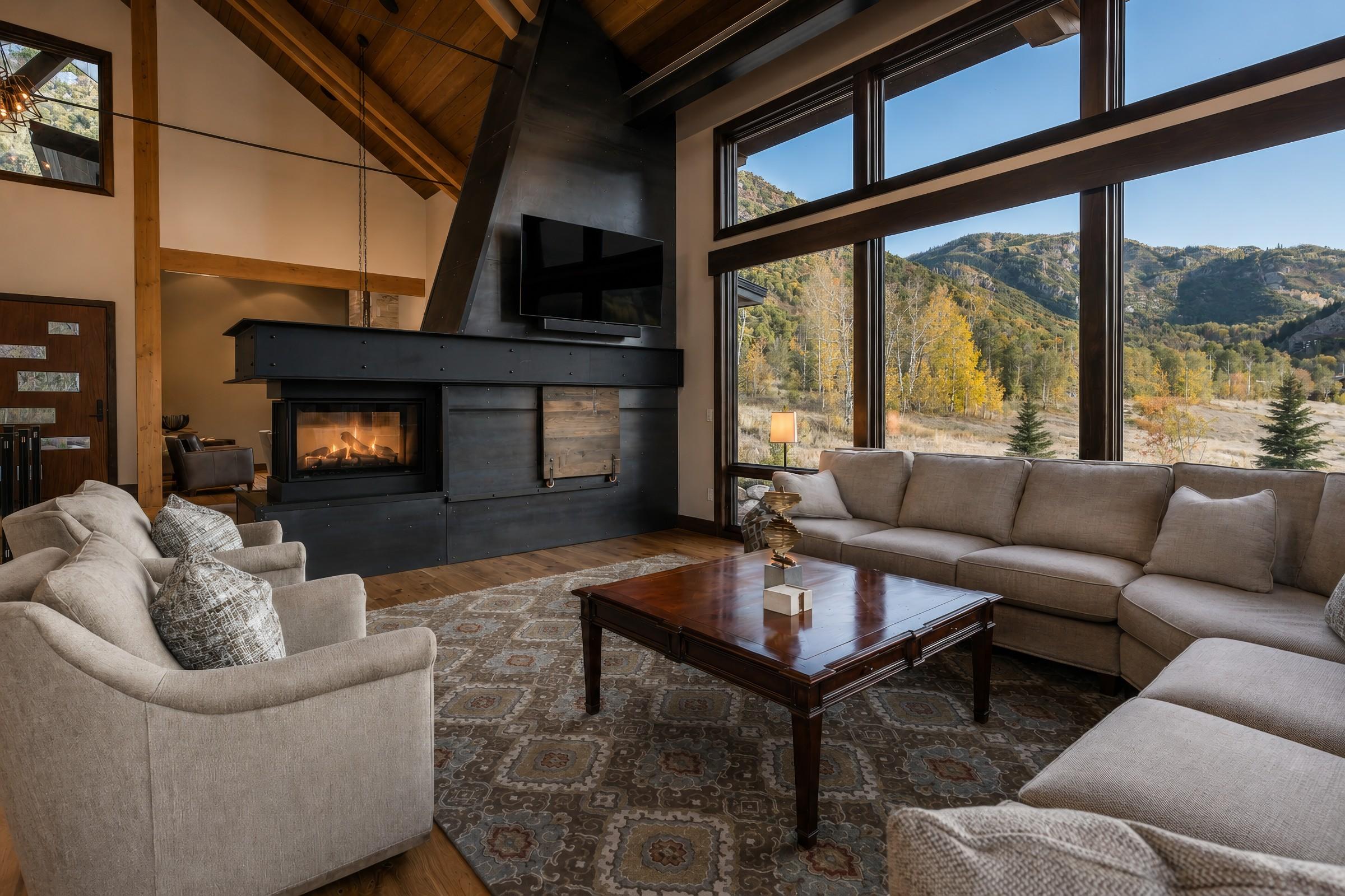 Living room with steel fireplace surround and mountain view