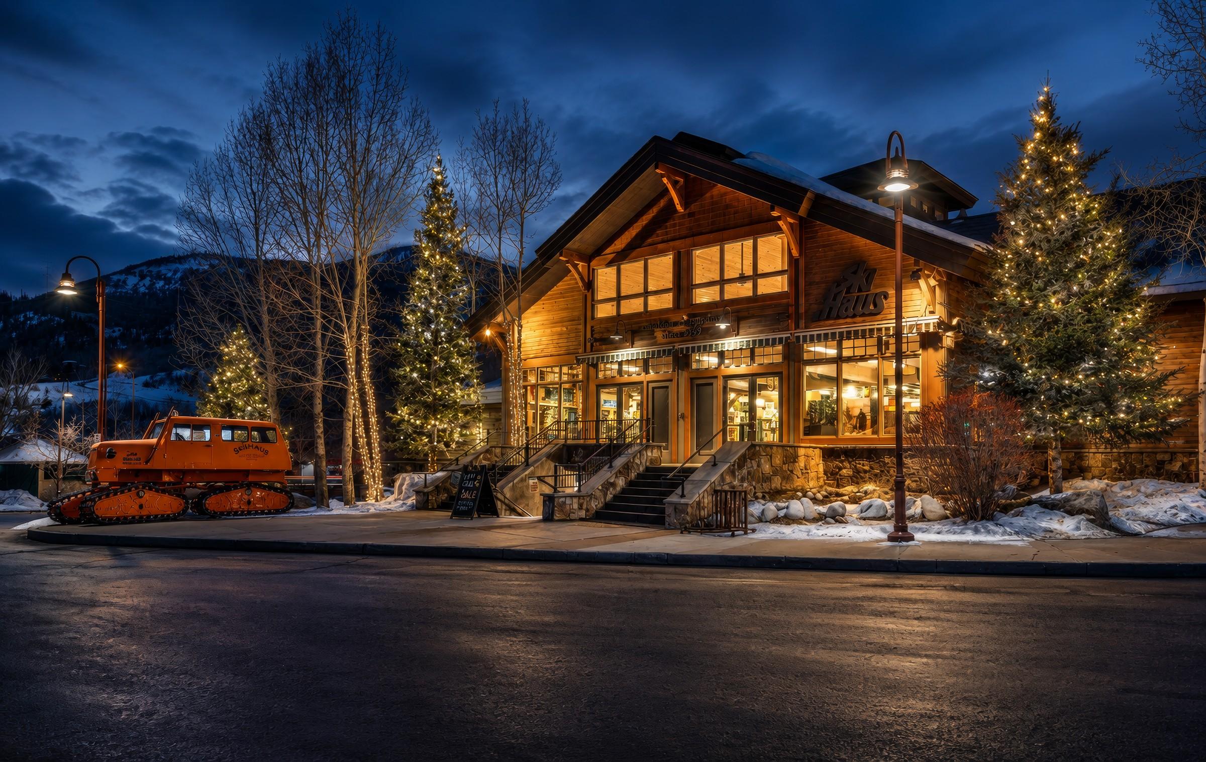 Alpine village storefront in the evening with holiday lights