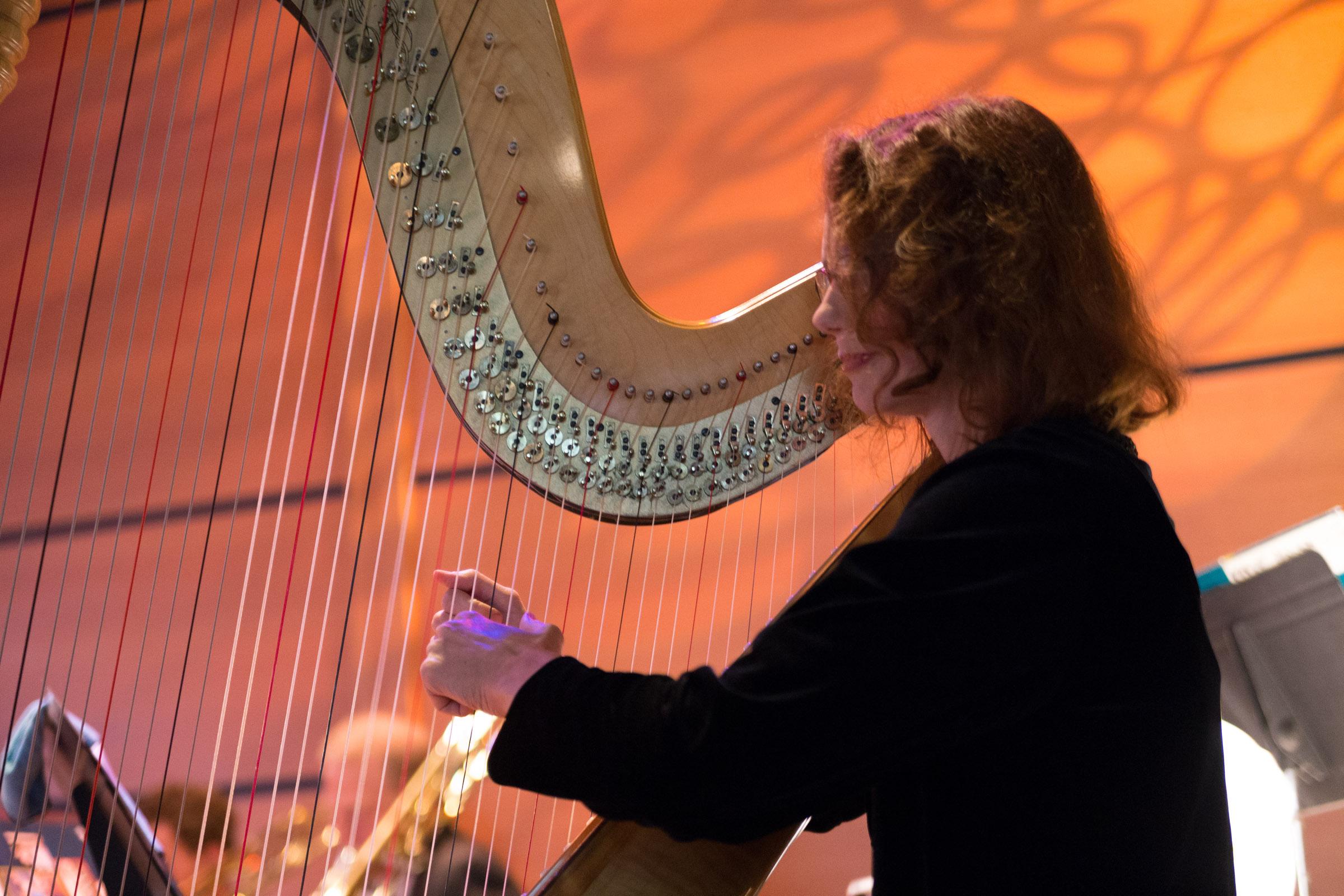 Harpist performing with an orchestra
